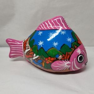 Mexican Folk Art Fish FIGURINE Hand Painted Ceramic Talavera Terra Cotta Figure